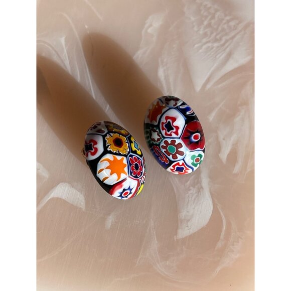 Vintage Millefiori Clip-On Earrings With Colorful Floral Glass Design - Picture 4 of 13
